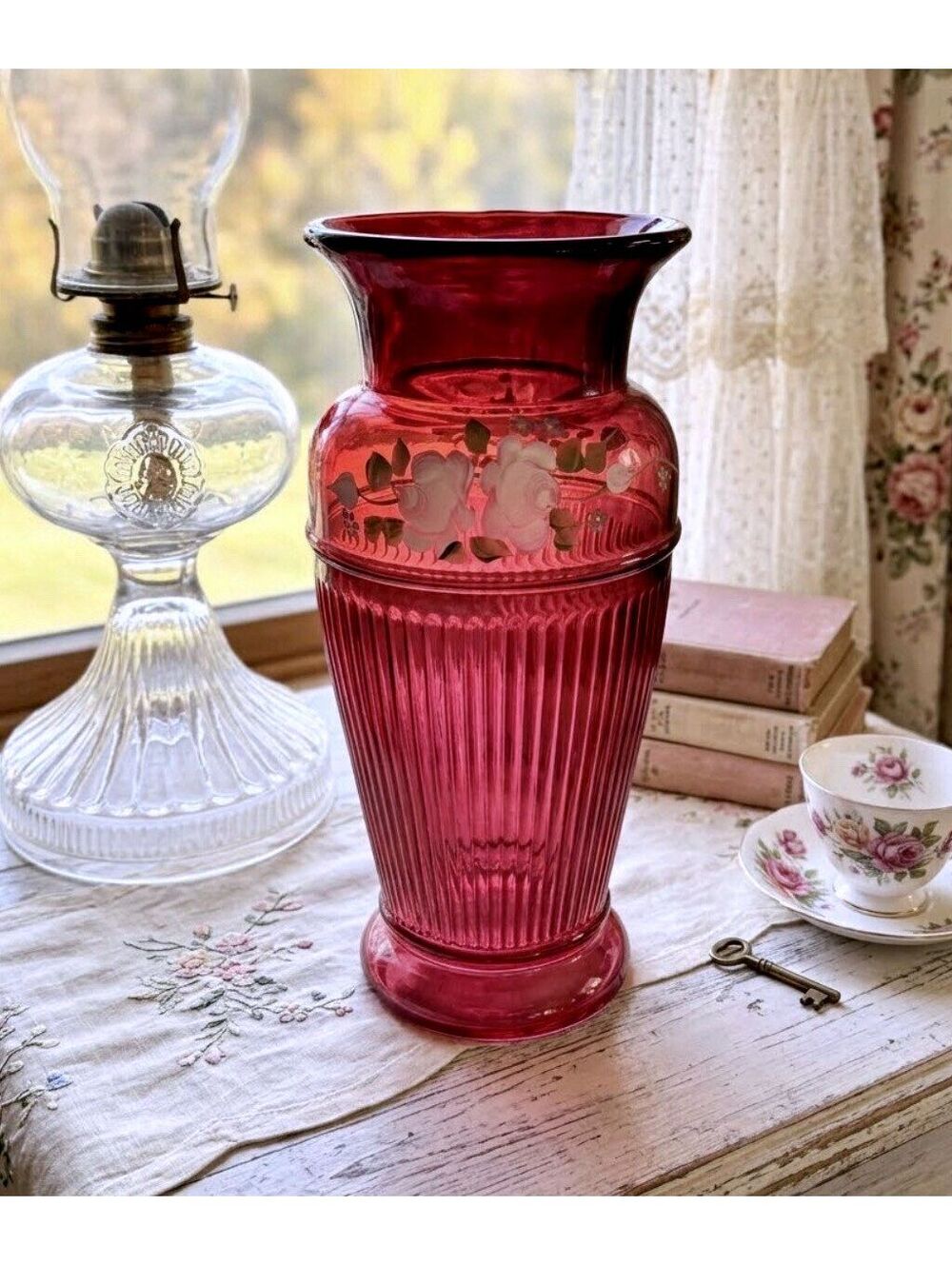 Vintage Fenton Cranberry Glass Vase 10” Ribbed Handpainted floral Signed Cottage